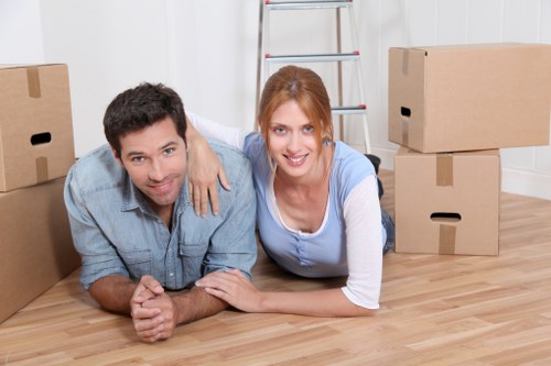 Packed boxes and furniture ready for a home move in Hackney